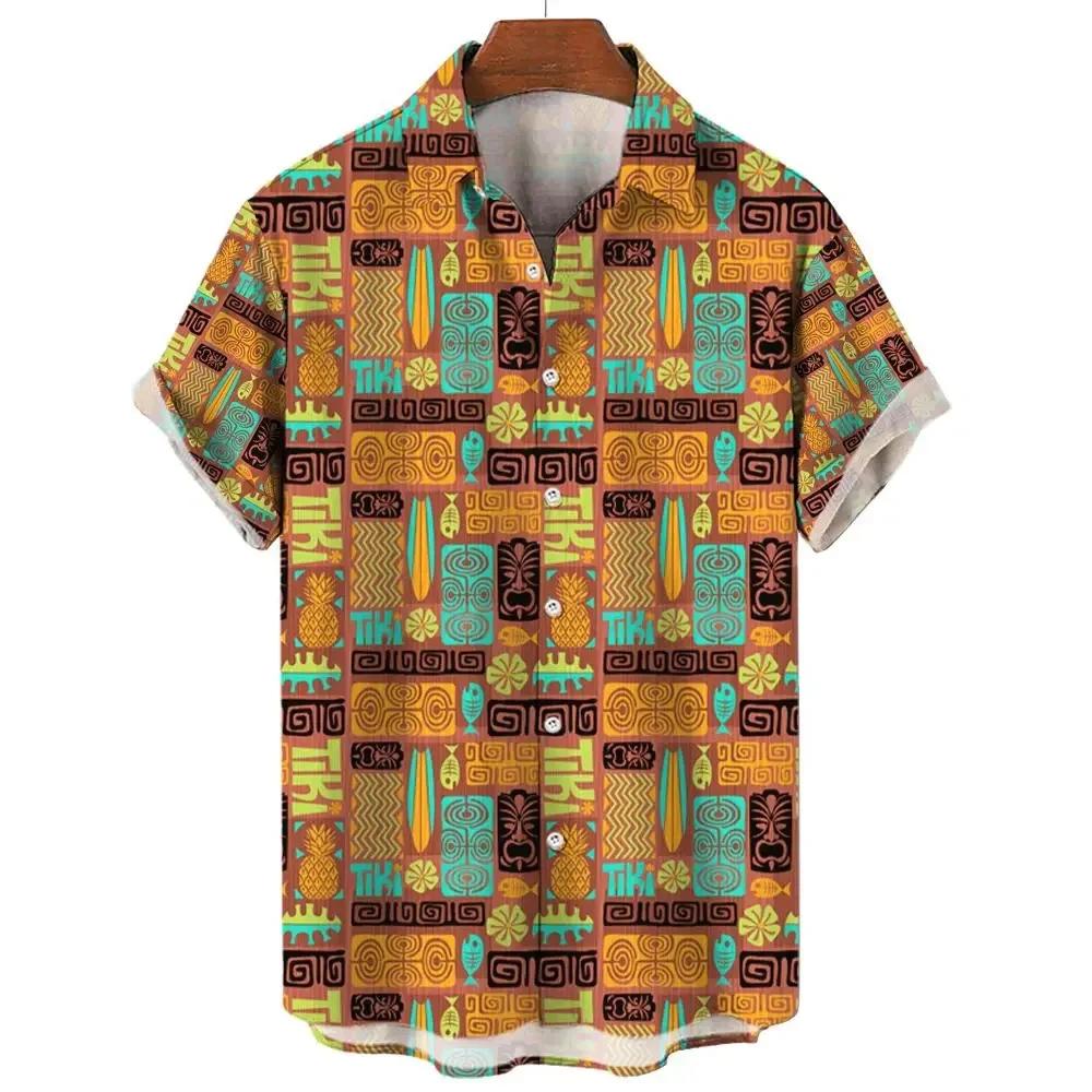Camisa hawaiana con estampado 3D de Tiki para hombre, camisa informald de manga corta con botones y solapa, moda de